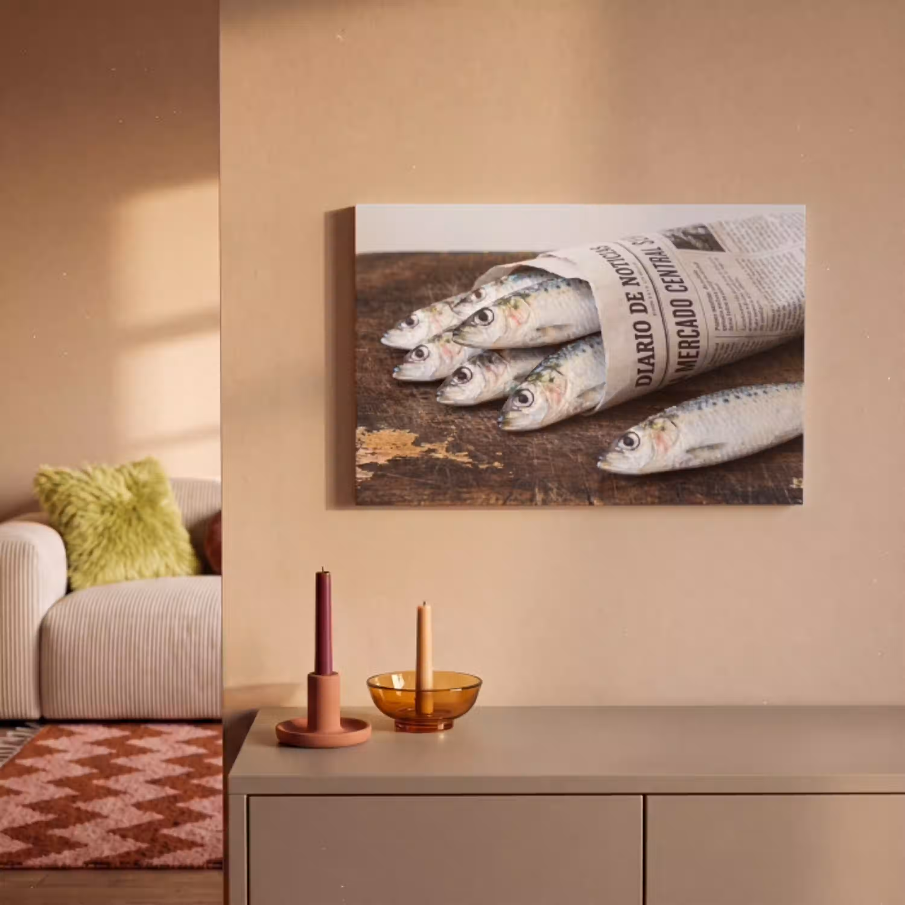 Sardientje - krant - snijplank canvas 2cm klein -sfeer1