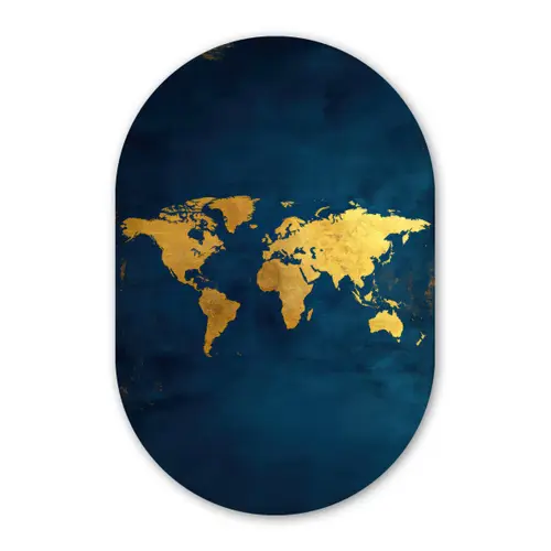 Wereldkaart - Goud - Donkerblauw Wandcirkel Ovaal Forex klein -3d