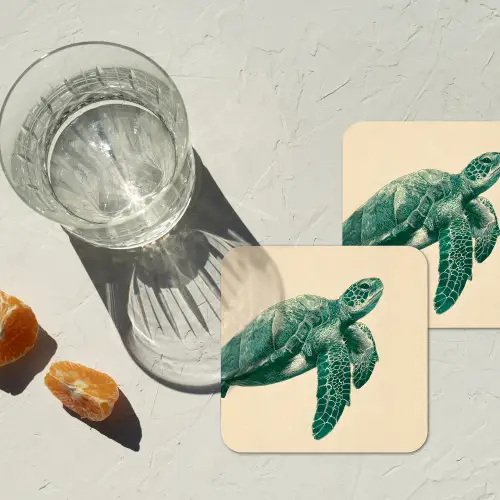Schildpad - Sierlijk - Groen - Schild onderzetter kurk middel -sfeer4