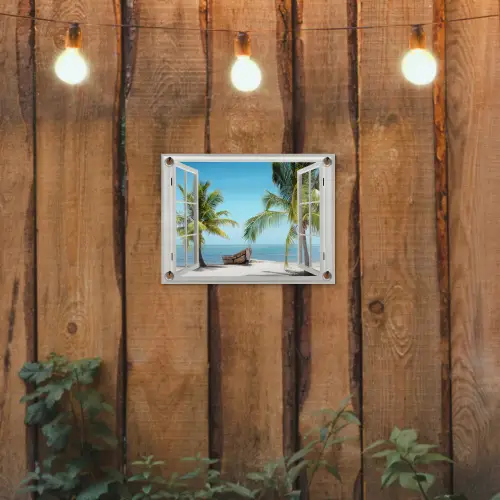 Doorkijk - Strand - Palmboom - Boot - Tropisch - Zee - Blauw tuinposter los doek klein -sfeer1