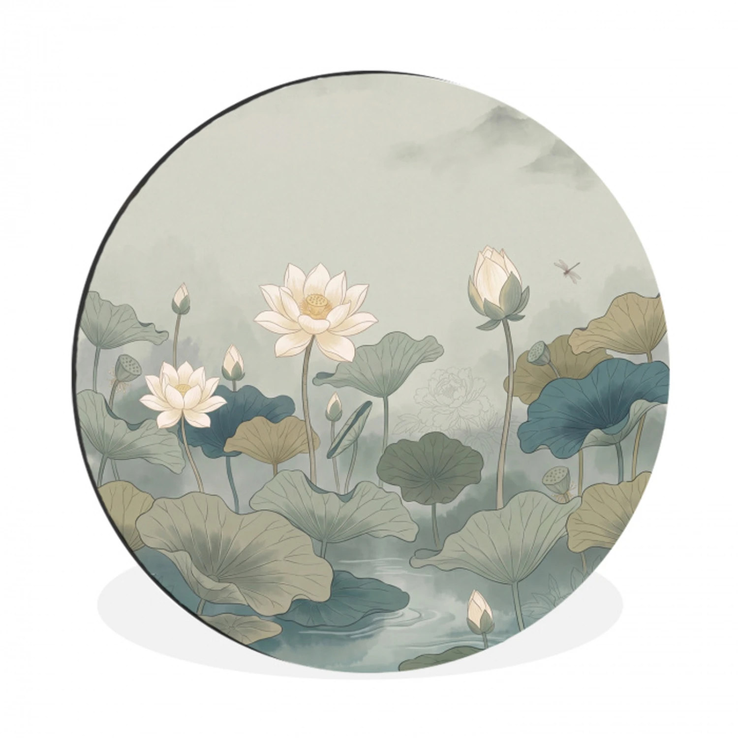 Lotus - Bloemen - Groen Wandcirkel aluminium klein -3d