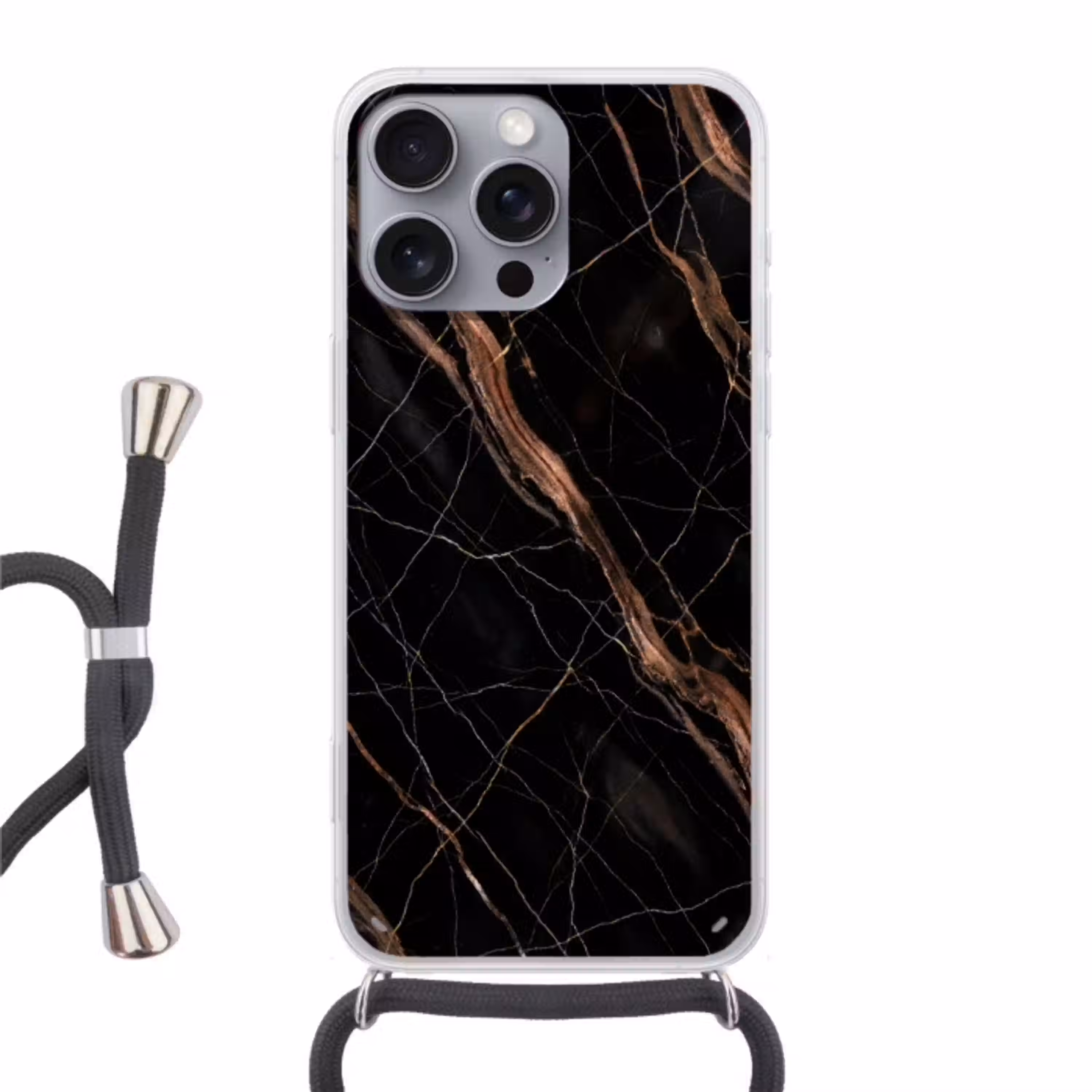 Marmer - Goud - Patroon - Luxe - Zwart Hoesje iPhone 16 Pro Max met koord klein -3d