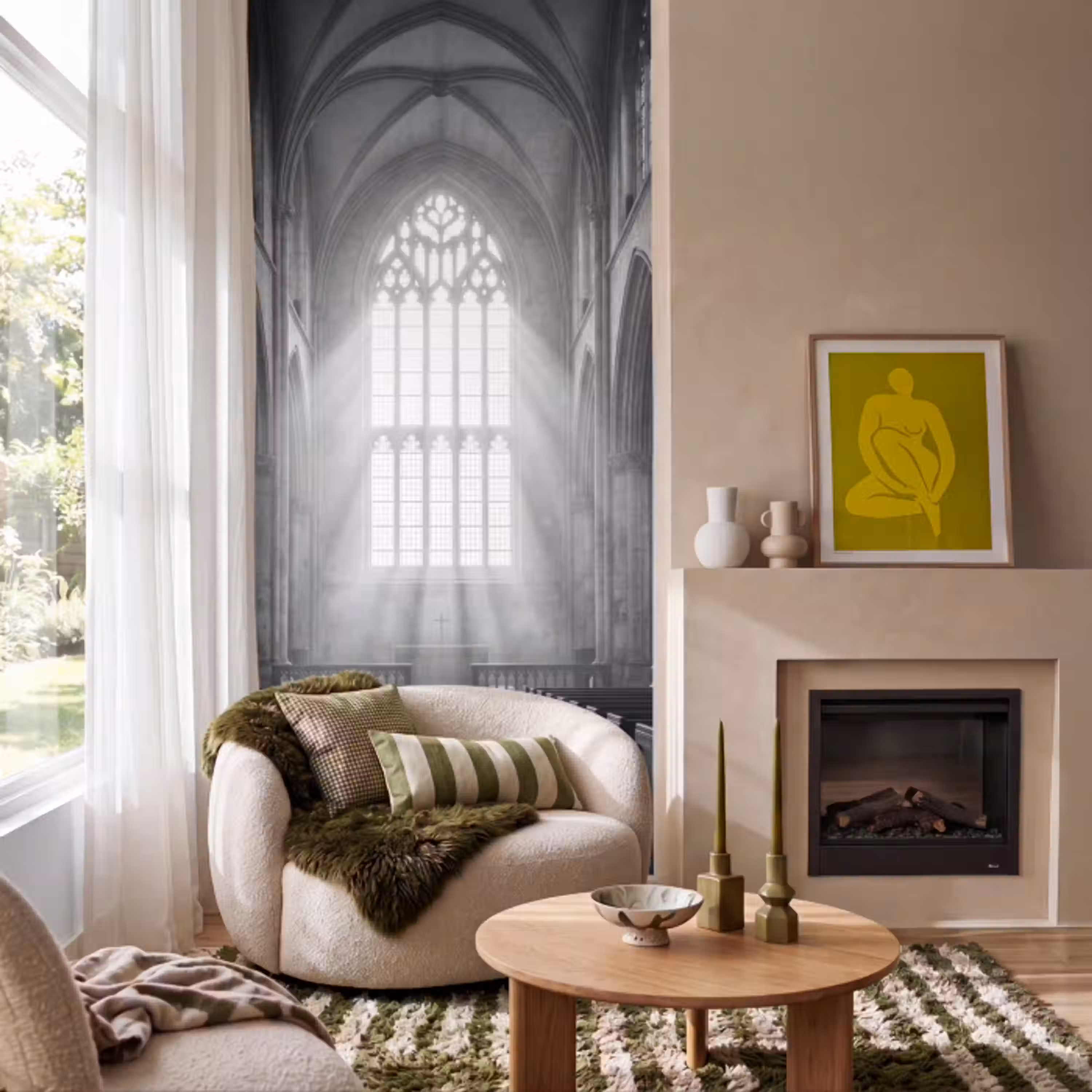 Kerk - Interieur - Lichtstralen - Architectuur - Klassiek Behang Vlies klein -sfeer2