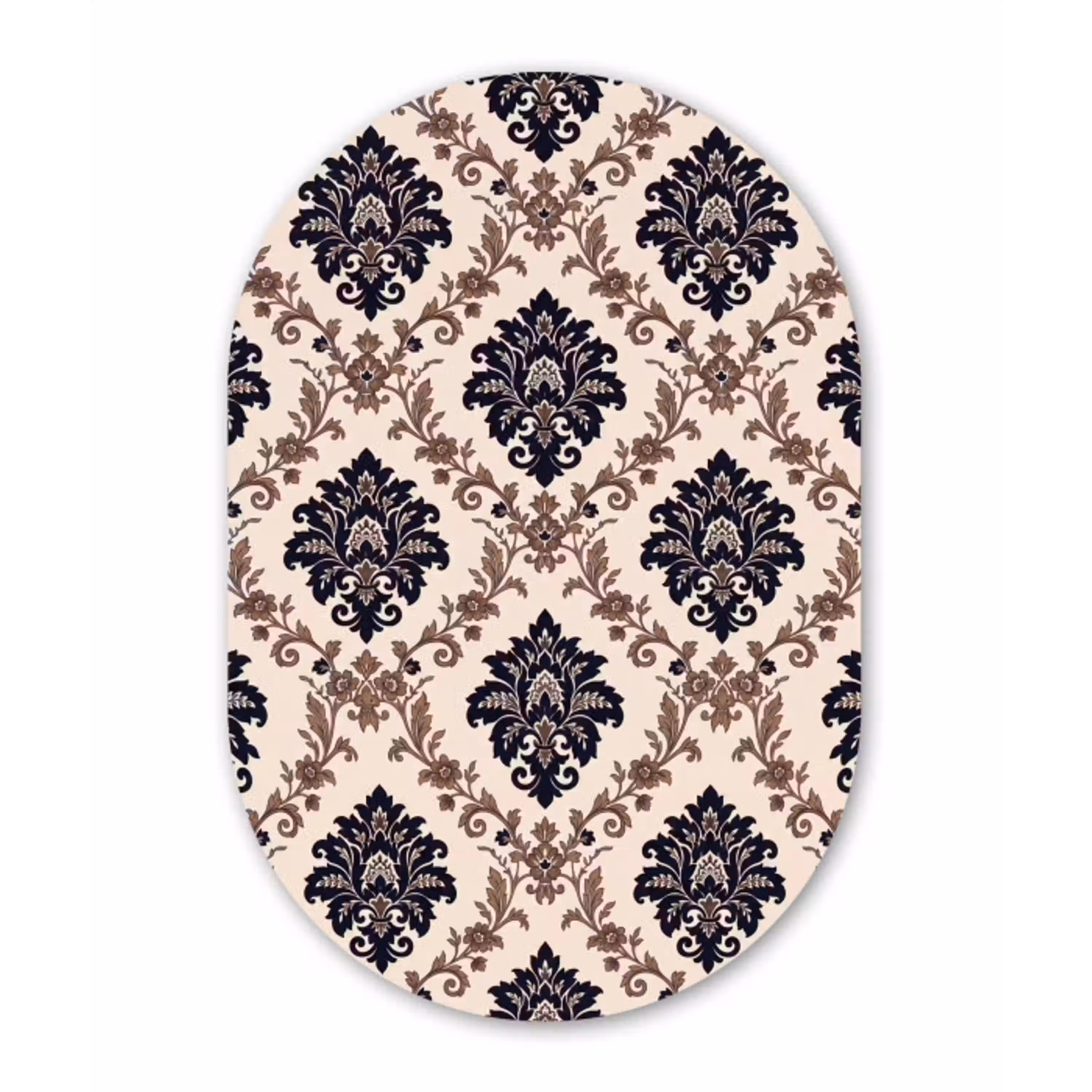 Patroon - Floraal - Klassiek - Beige-blauw Wandcirkel Ovaal Aluminium middel -3d