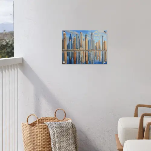 Skyline - Wolkenkrabbers - Water - Blauw tuinposter los doek klein -sfeer8