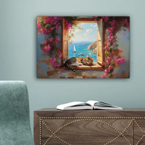Kat - Blauwe zee - Roze bloemen canvas 2cm klein -sfeer4