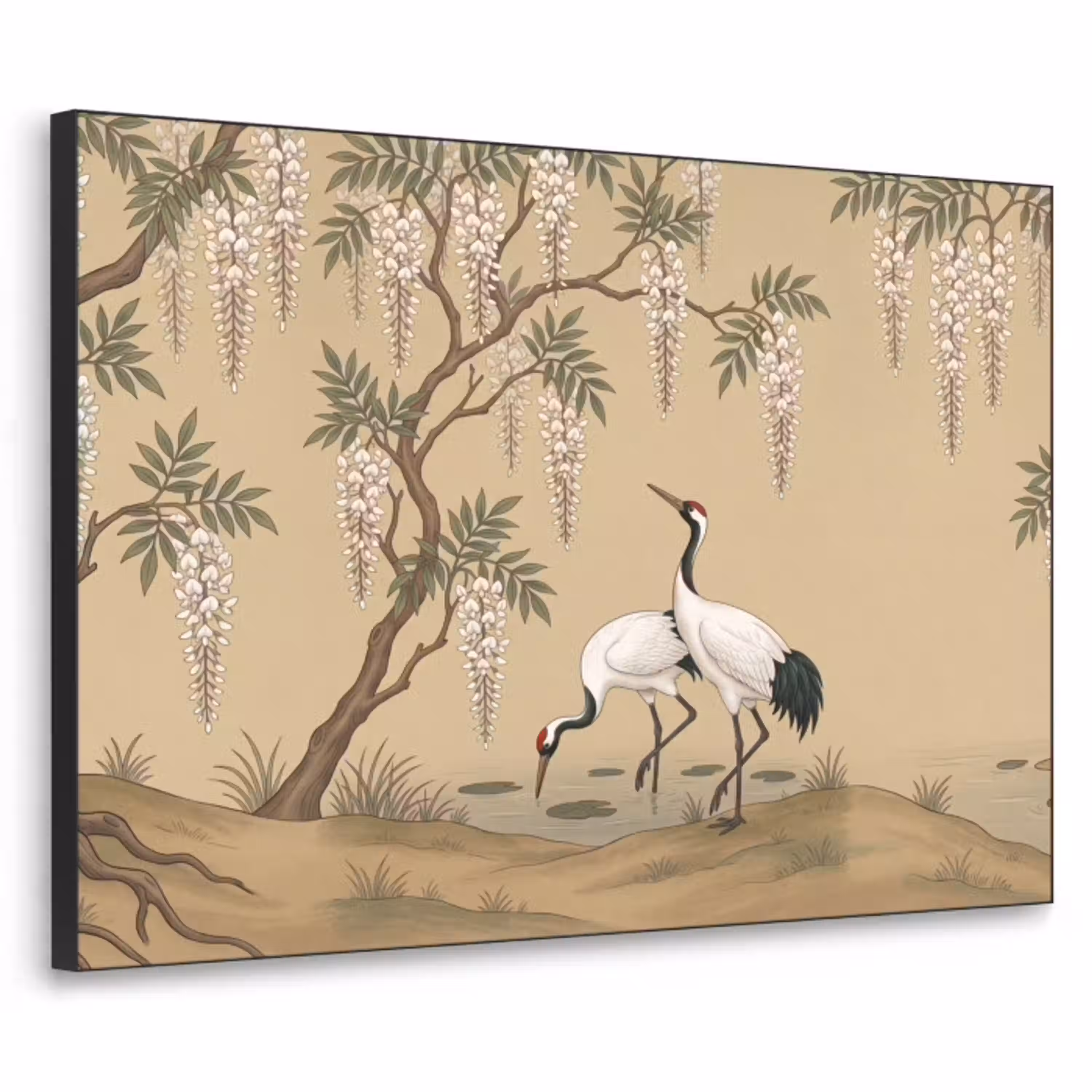 Kraanvogels - Water - Beige Textielframe zwart klein -3d