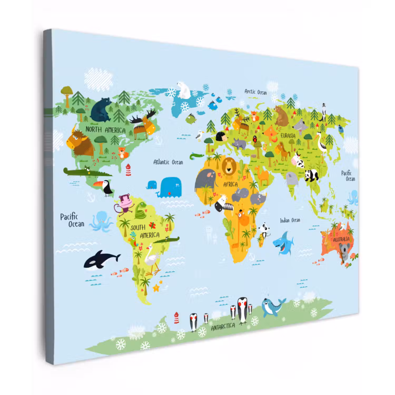 Canvas schilderij - Wereldkaart - Kinderen - Dieren - Natuur - Jongens - Meisjes
