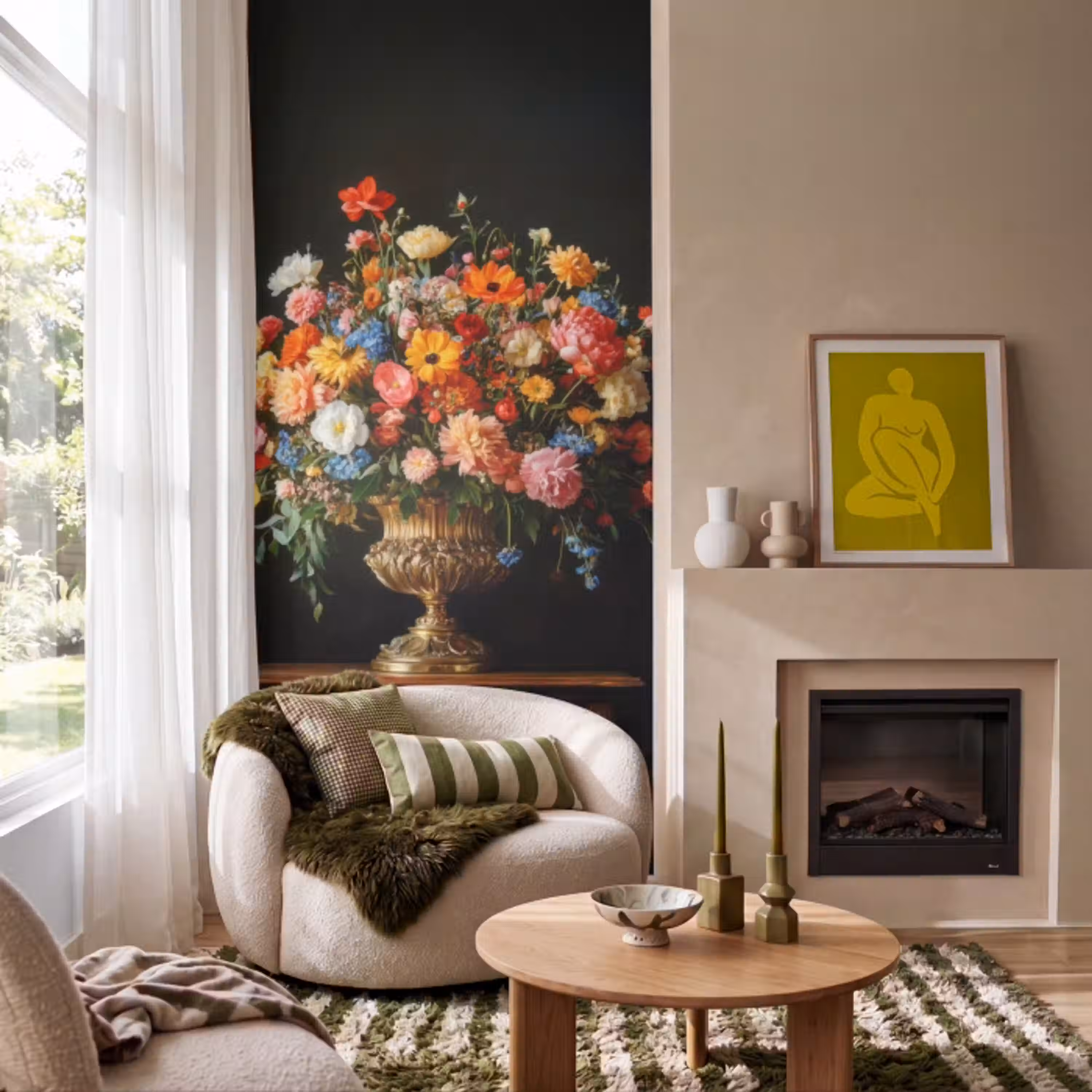 Goud - Bloemen - Kleuren - Vaas Behang Vlies klein -sfeer2