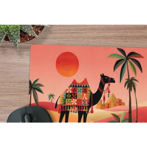 Kameel - Gekleurd tapijt - Duinen - Rode zon muismat rubber klein -closeup