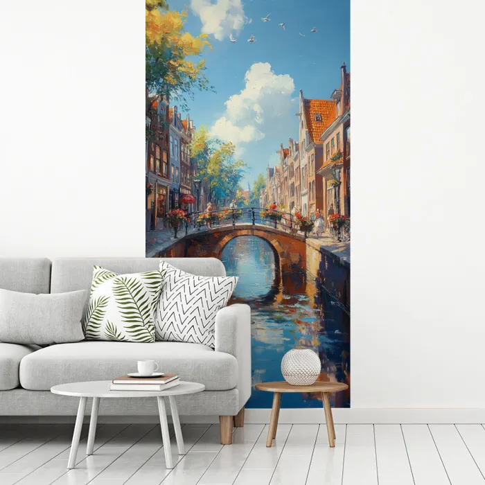 Stad - Gracht - Zon - Fietsen fotobehang vinyl groot -woonkamer