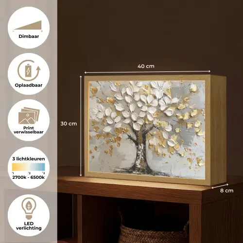 Boom - Beige - Grijs - Goud - Abstract Light Box met batterij (Wandlamp) middel -USP_websiteoverzichtNL