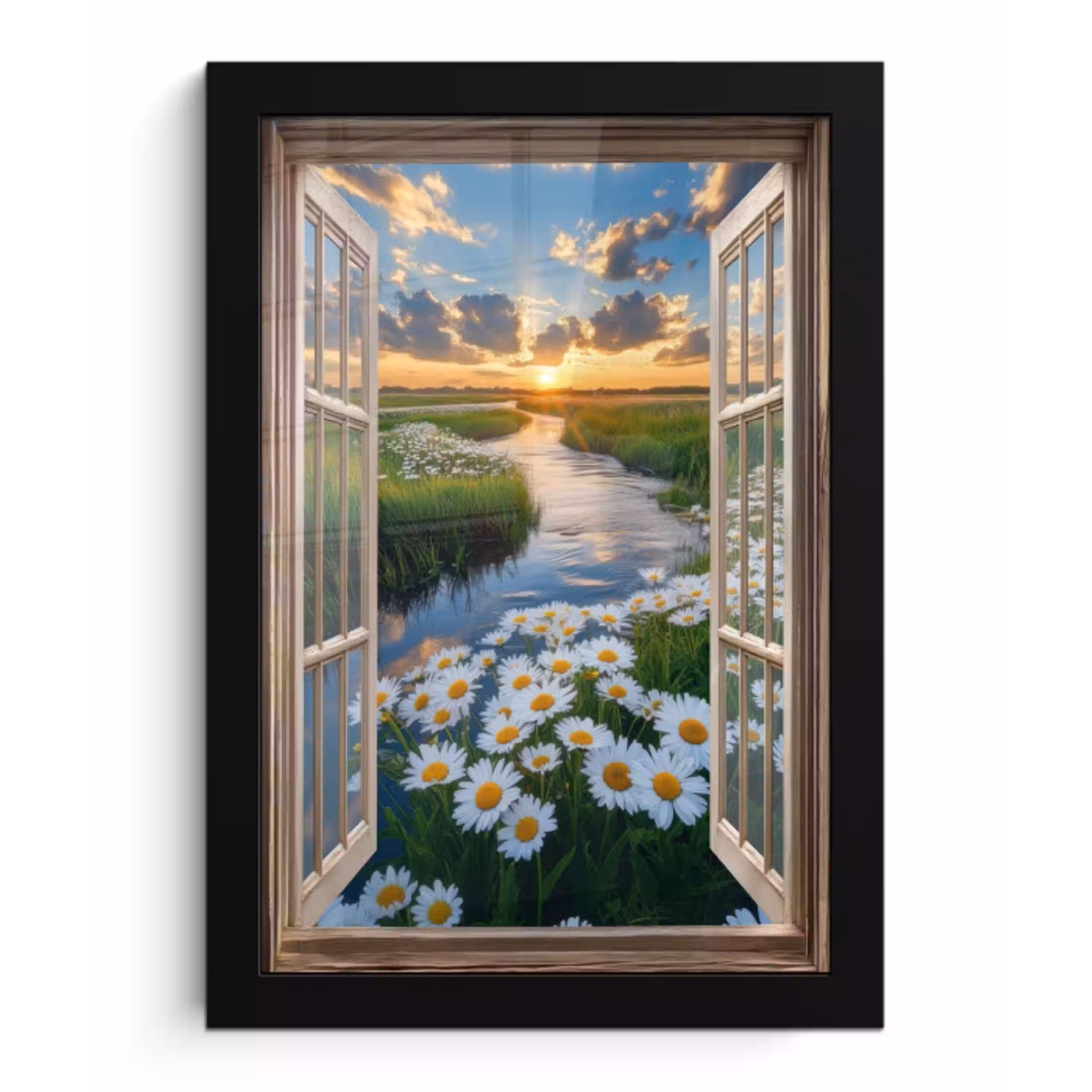 Doorkijk - Landschap - Raam - Water - Zonsondergang fotolijst zwart zonder passe partout klein -3d