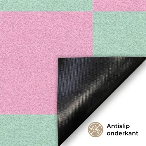Schaakbord patroon - Groen - Roze - Blokjes Deurmat klein -antislip_NL
