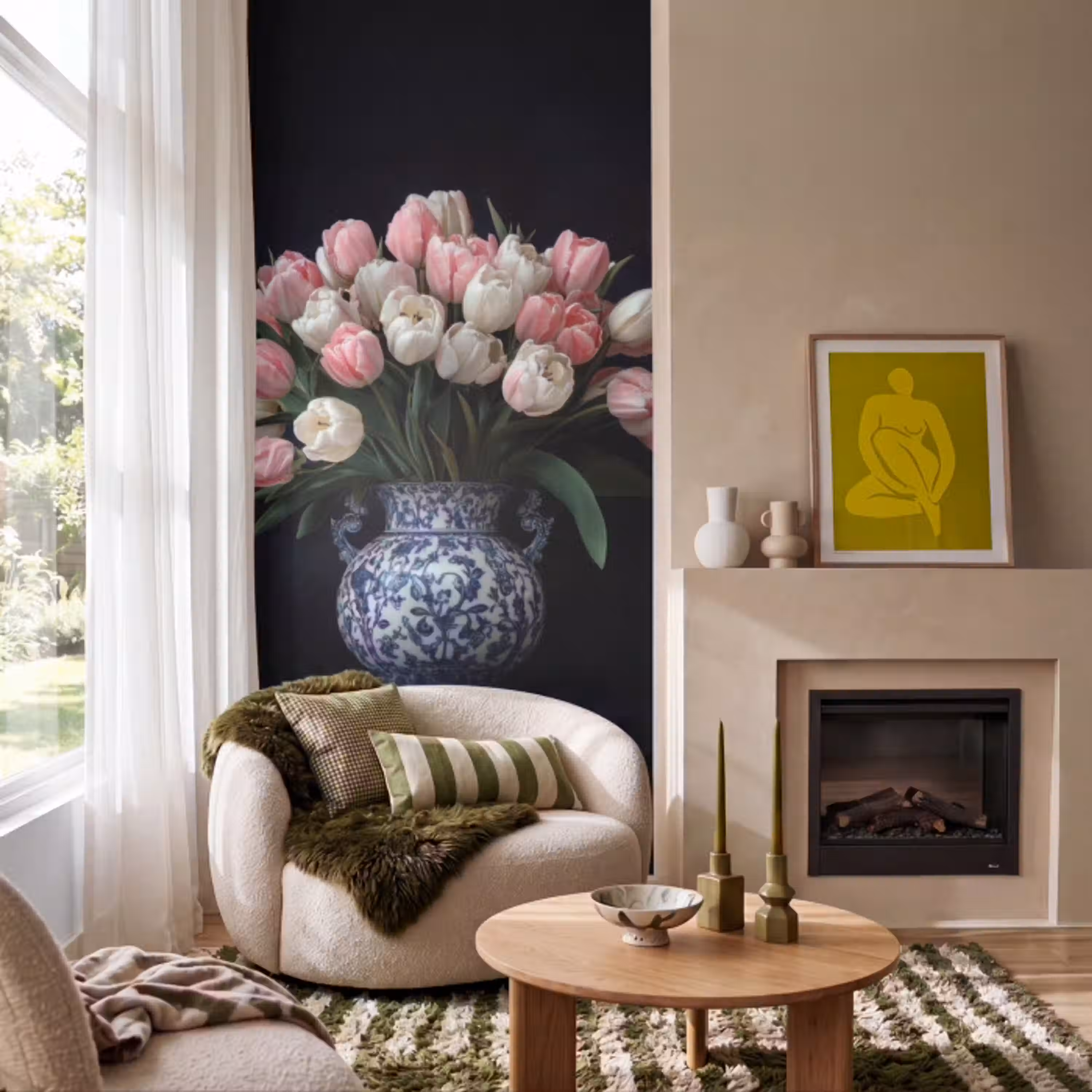 Bloemen - Roze - Tulpen - Vaas Behang Vlies klein -sfeer2