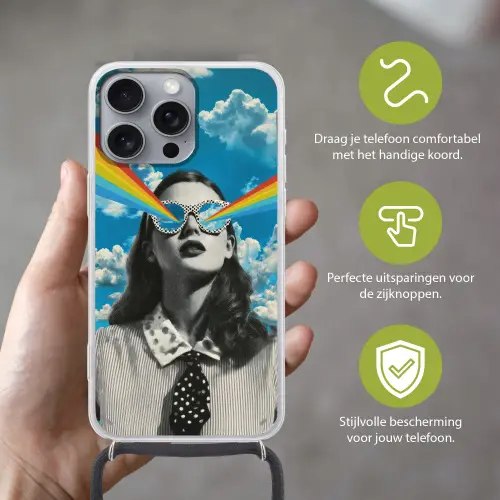 Vrouw - Bril - Regenboog - Wolken Hoesje iPhone 16 Pro Max met koord klein -sfeer2_NL