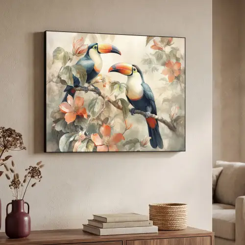 Toekan - Vogels - Bloemen - Tak Textielframe zwart klein -sfeer3