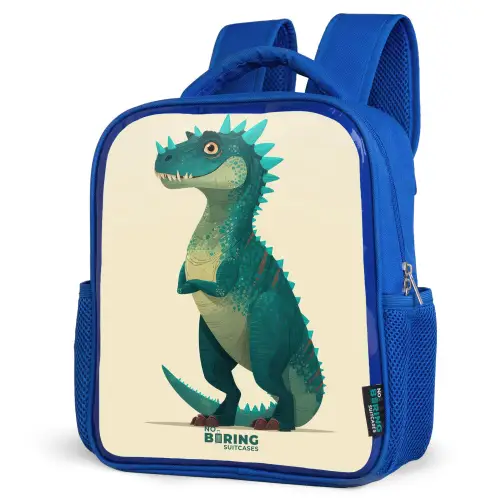 Spiky dino met vriendelijke blik Kinderrugzak - Blauw middel -schuin