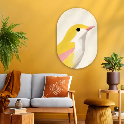Vogel - Minimalistisch - Geel Wandcirkel Ovaal Glas middel -sfeer4