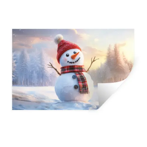Sneeuwpop - Zonsondergang - Wit Muursticker klein -3d