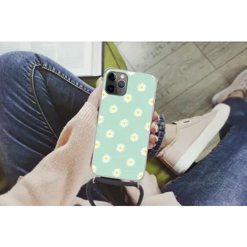 Madeliefjes - Pastel - Wit - Groen - Bloemen patroon Hoesje iPhone 12 Pro met koord klein -hand