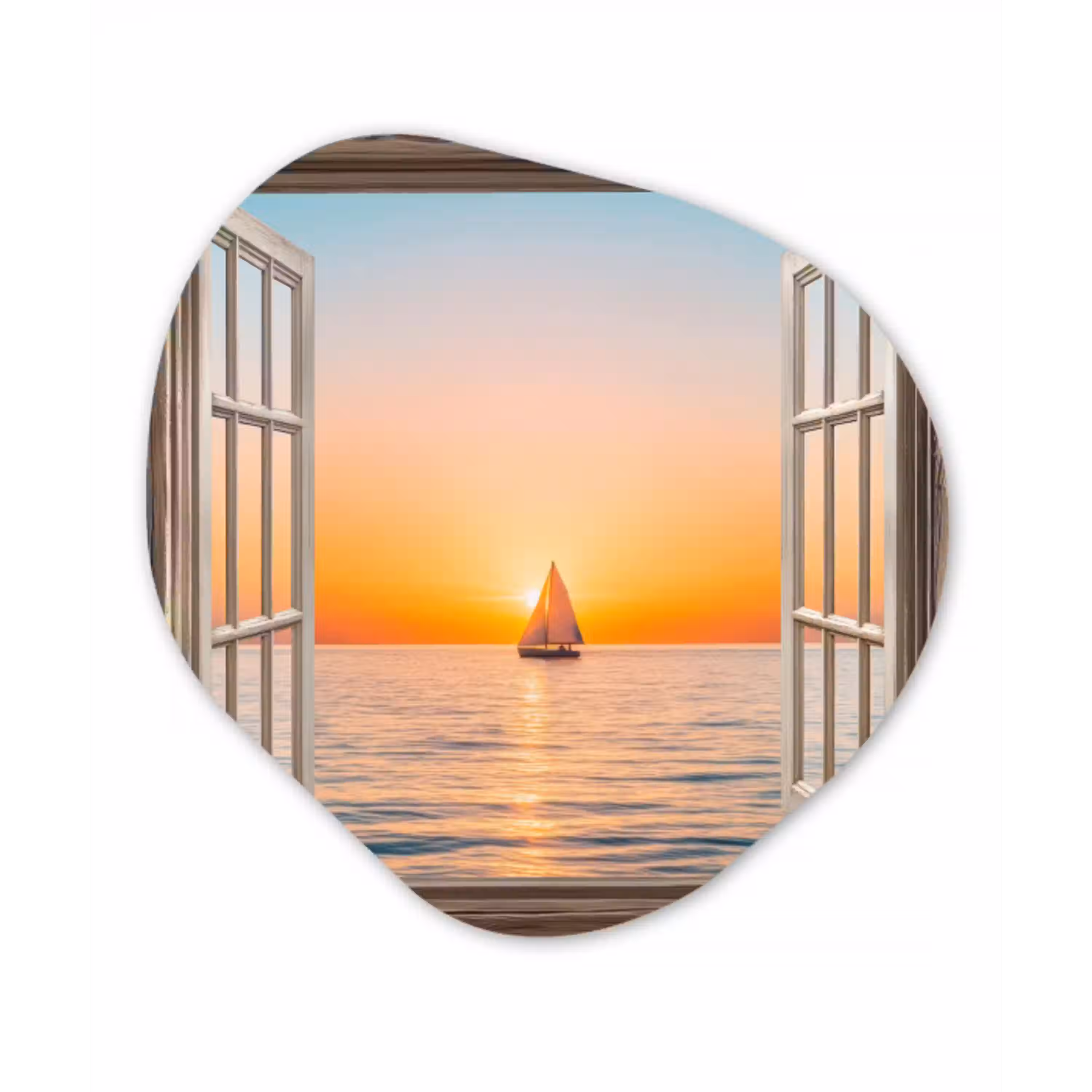 Doorkijk - Zee - Boot - Zonsondergang Wandcirkel Organisch Plexiglas middel -3d