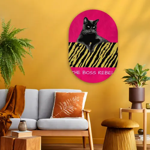 Kat - Baas - Roze - Tijgerprint Wandcirkel Ovaal Glas middel -sfeer4
