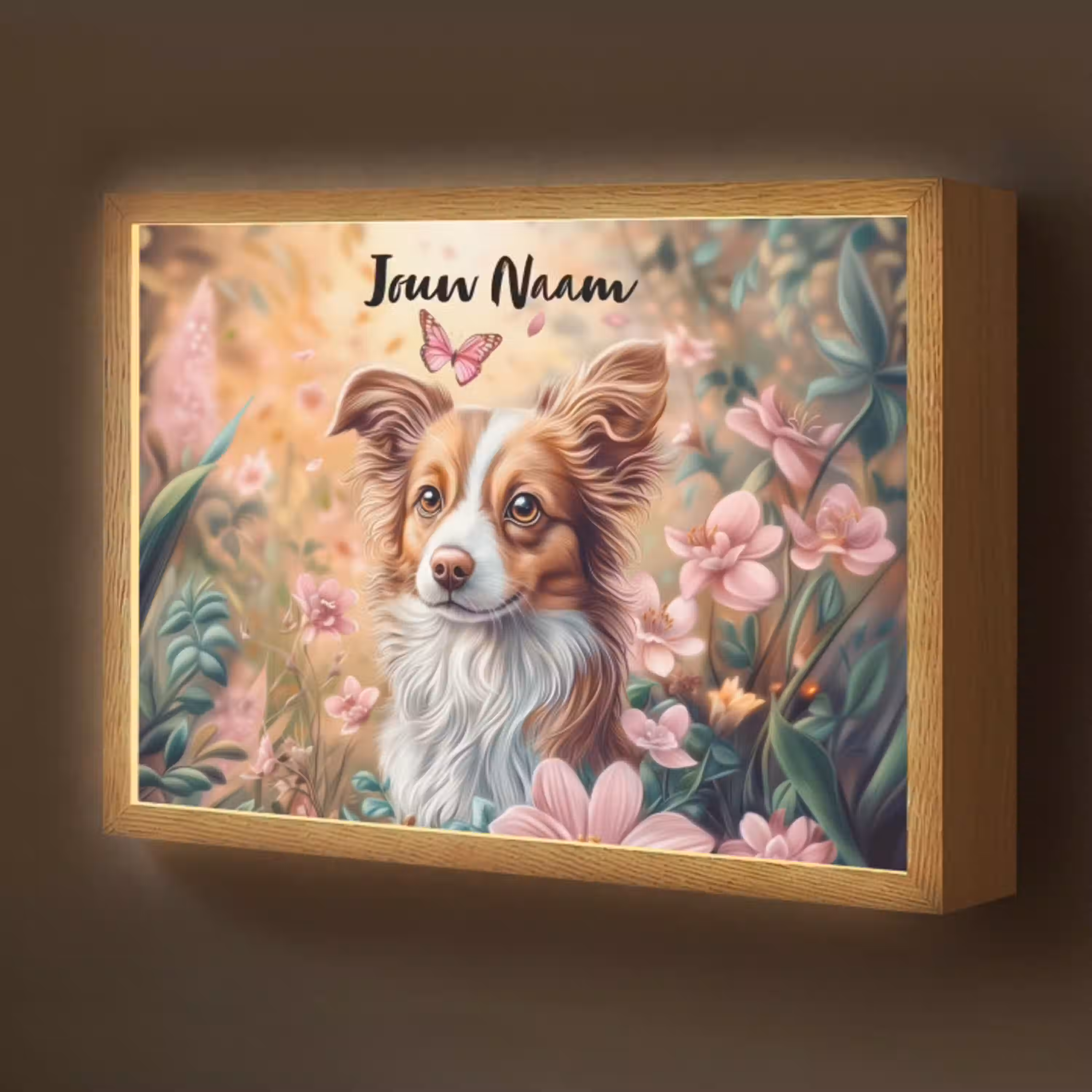 Hond - Bloemen - Roze Light Box met batterij (Wandlamp kind) middel -z3d_website