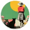 Retro - Meisje - Kat - Zon Wandcirkel kunststof plaat 5mm dik klein -3d