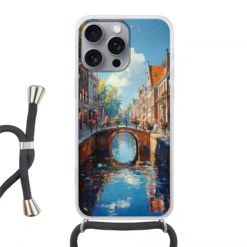 Stad - Gracht - Zon - Fietsen Hoesje iPhone 16 Pro Max met koord klein -3d
