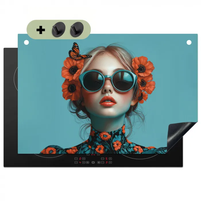 Vrouw - Blauw - Vlinder - Bloemen - Aesthetic Inductie beschemer met haakjes klein -3d