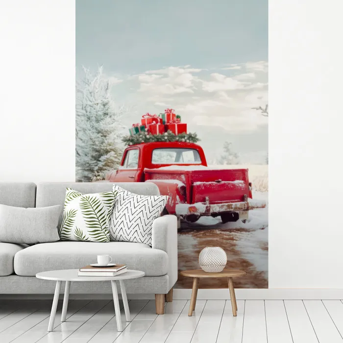 Auto - Rood - Cadeaus - Winter - Sneeuw - Kerst fotobehang vinyl groot -woonkamer