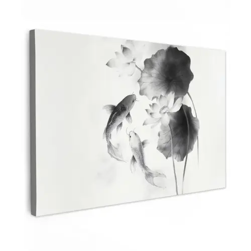 Lotusbloemen - Vissen - Bladeren - Zwart Tuinposter op houten frame 2 cm dik klein -3d
