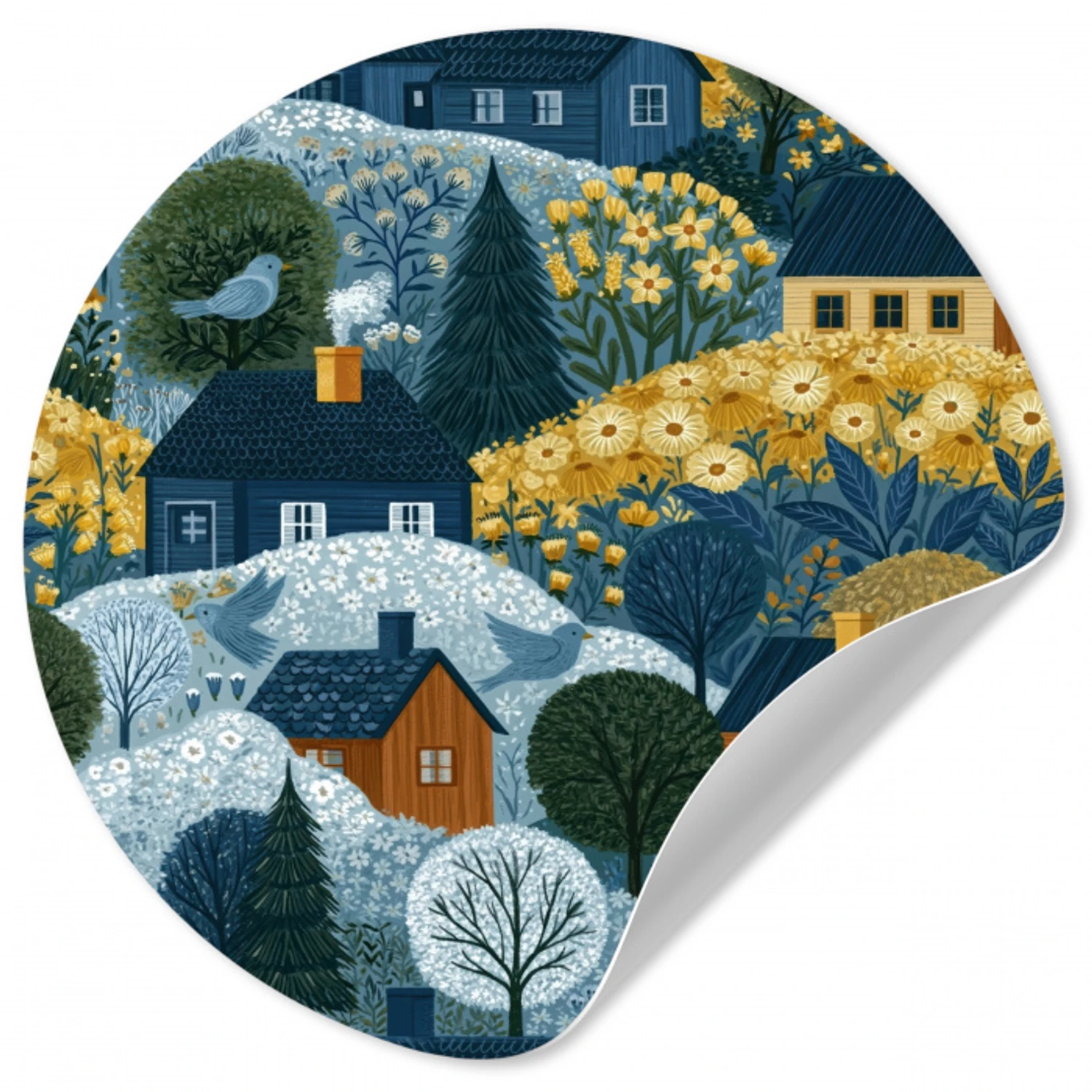 Huisjes - Bloemen - Patroon - Geel - Blauw Wandcirkel behangsticker klein 186 -3d