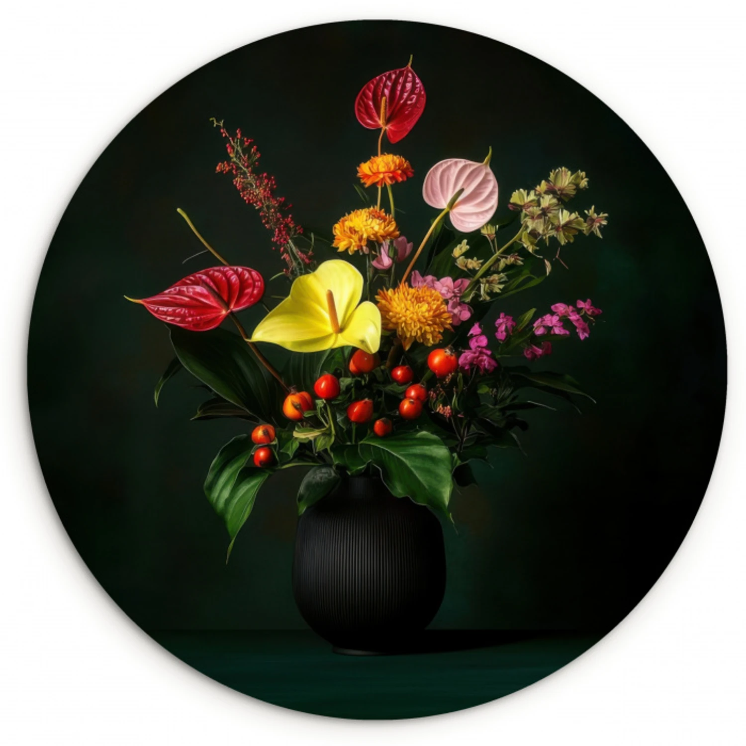 Bloemen - Vaas - Zwart Wandcirkel kunststof plaat 5mm dik klein -3d