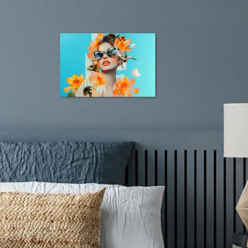 Bloemen - Vrouw - Zonnebril - Blauw poster papier klein -sfeer2
