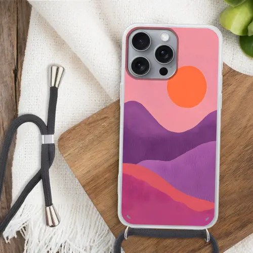 Zon - Heuvels - Paars - Abstract Hoesje iPhone 16 Pro Max met koord klein -sfeer4