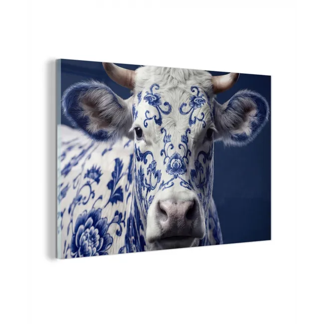 Glas schilderij - Koe - Delfts - Blauw - Artistiek