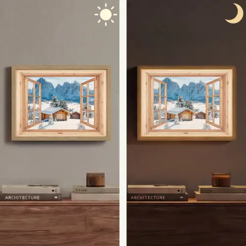 Doorkijk - Winterlandschap - Huisje - Bergen - Uitzicht Light Box met batterij (Wandlamp) middel -sfeer3