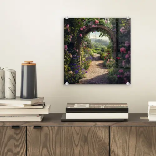 Doorkijk - Landschap - Bloemen - Rozenboog - Natuur plexiglas 5mm klein -sfeer1