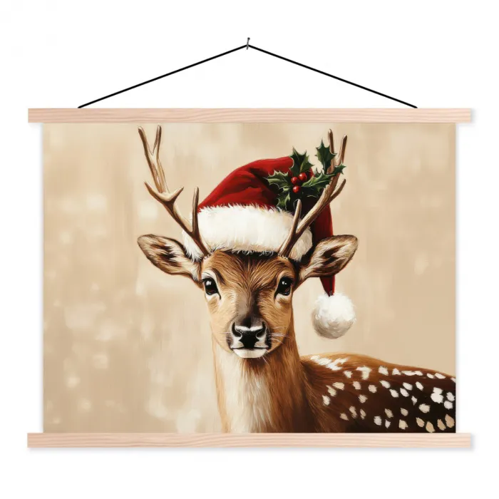 Kerst - Hert - Gewei - Rood textielposter latten blank klein -3d