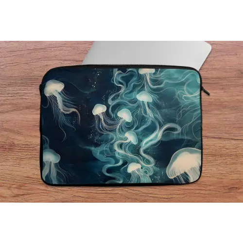 Kwallen - Zee - Wit - Golven laptophoes neopreen klein -tafel