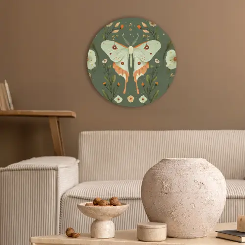 Bloemen - Bladeren - Olijfgroen - Vlinder Akoestische PET Vilt - Rond klein -sfeer1