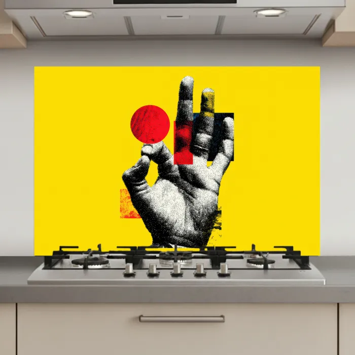 Hand - Rode cirkel - Geel keuken achterwand spatscherm klein -3d_website