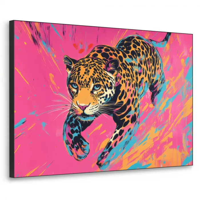 Luipaard - Roze - Oranje - Blauw - Verf Textielframe zwart klein -3d