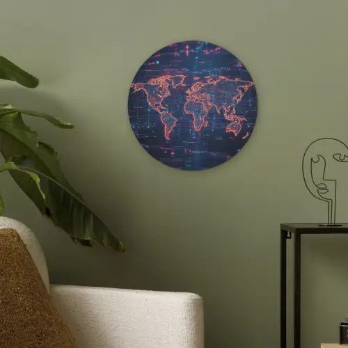 Wereldkaart - Futuristisch - Oranje Akoestische PET Vilt - Rond klein -sfeer2