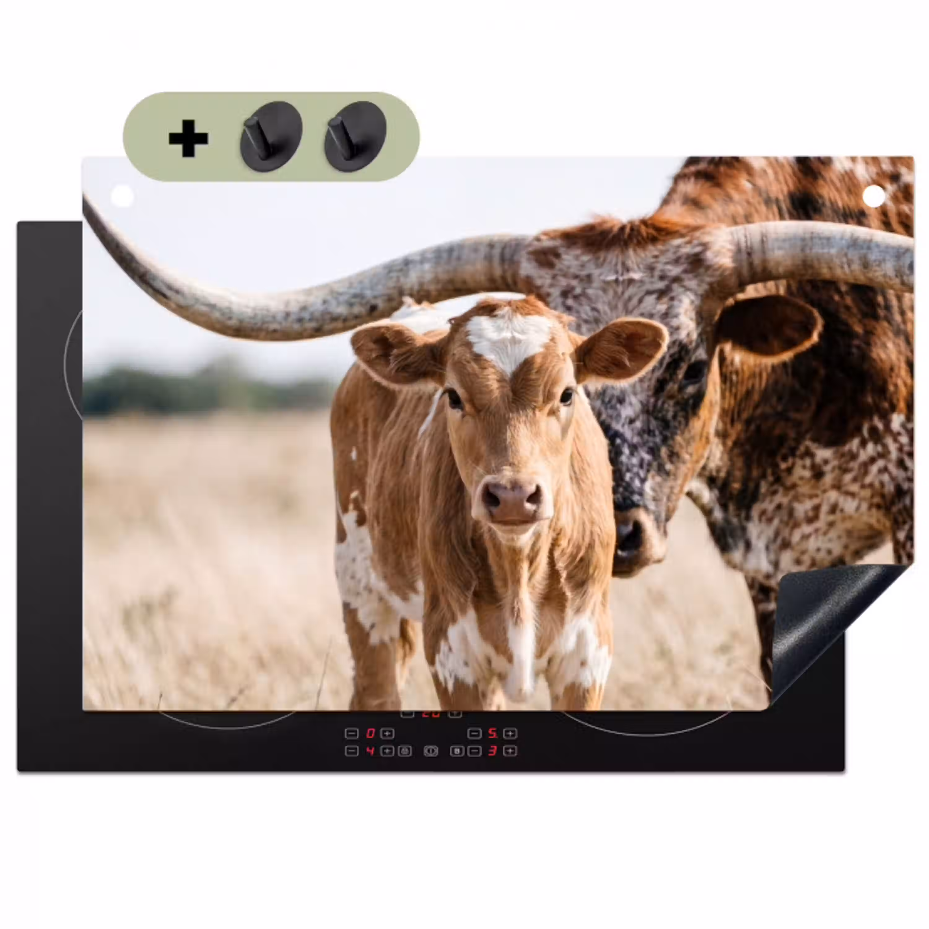 Texas Longhorn - Kalf - Weide - Dieren Inductie beschemer met haakjes klein -3d