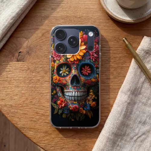Bloemen - Kleurrijk - Schedel Telefoonhoesje iPhone 17 Pro klein -sfeer1