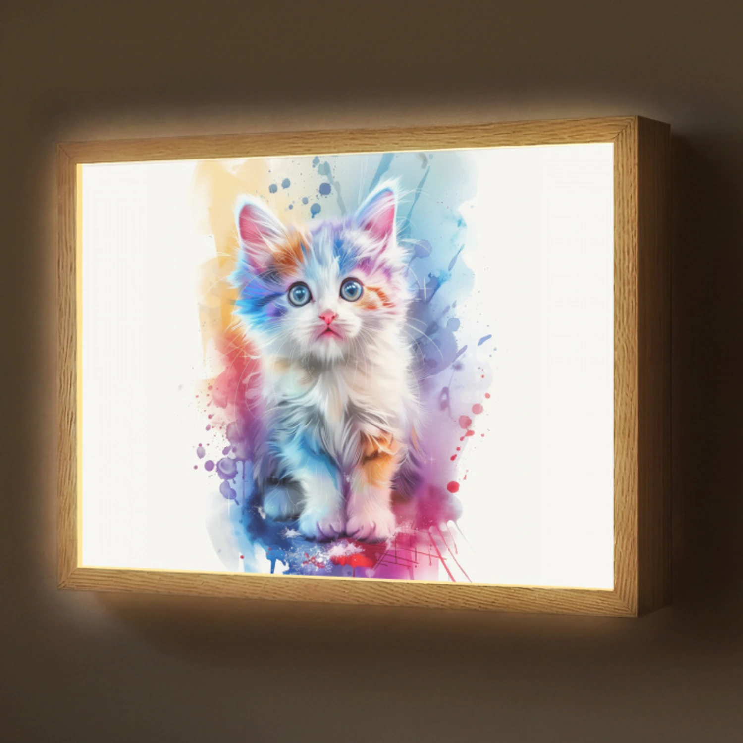 Kat - Kleurrijk - Verf - Dier - Wit Light Box met batterij (Wandlamp) middel -z3d_website