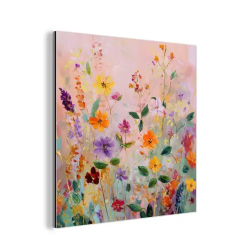 Schilderij - Bloemen - Abstract - Kleurrijk aluminium wit klein -3d